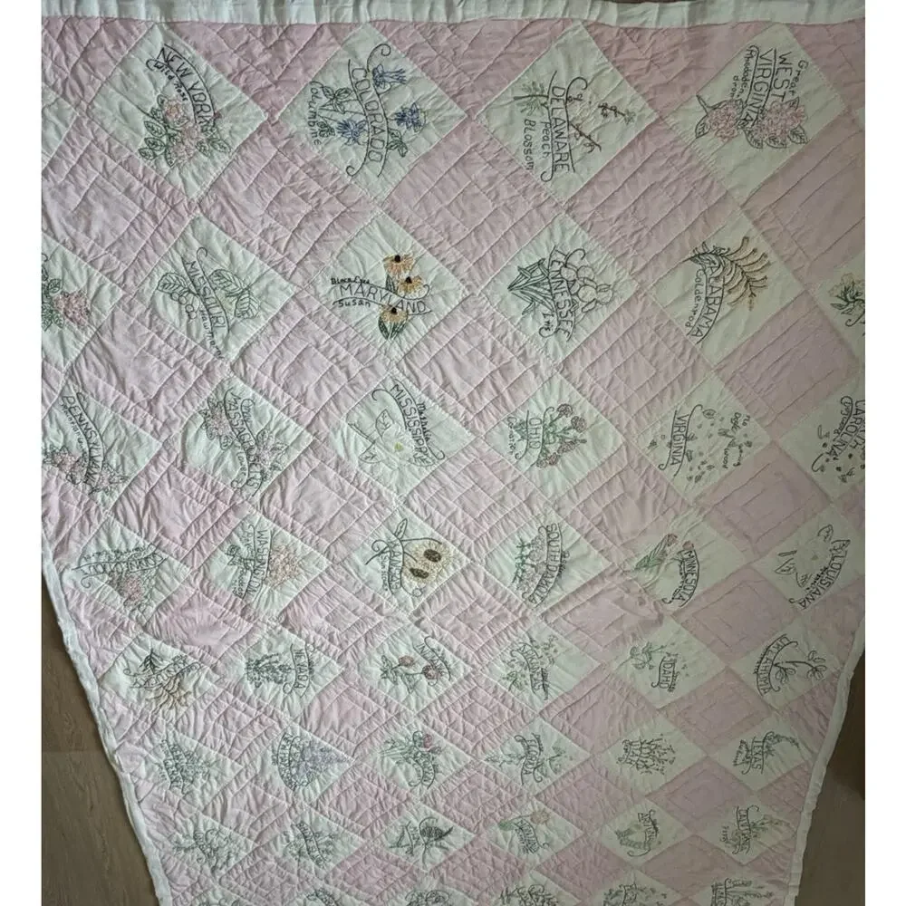 Vintage 48 US State Flower Quilt Embroidered Pink Checkered Handmade